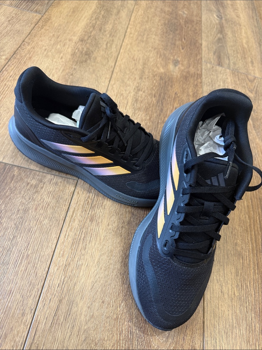 adidas Black Sneakers with Iridescent Gold Accents. Size 7 woman